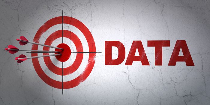 Success Data concept: arrows hitting the center of target, Red Data on wall background, 3d render