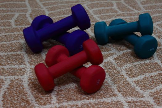 Dumbbells of different weights and different colors prepared for exercises