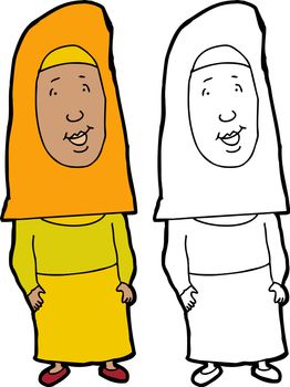 Cartoon of smiling young Muslim female on isolated background