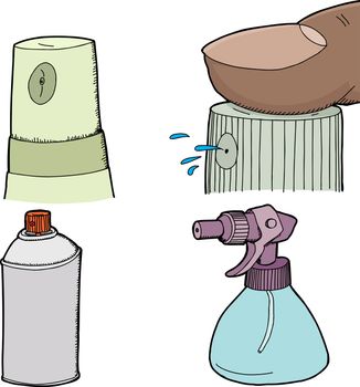 Various spray bottles and spray cans on white background