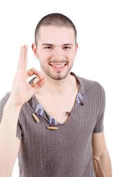 young casual man going thumb up, isolated on white