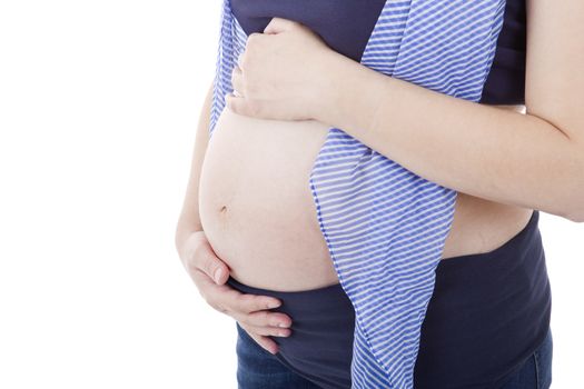 Closeup of pregnant woman at white background