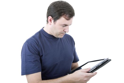 young casual man working with a tablet, isolated