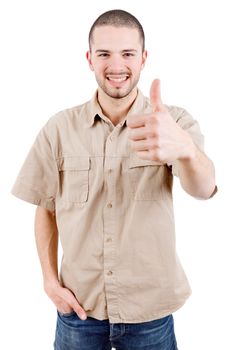 young casual man going thumb up, isolated on white