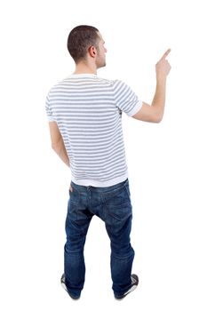 young casual man from the back pointing, full body, isolated