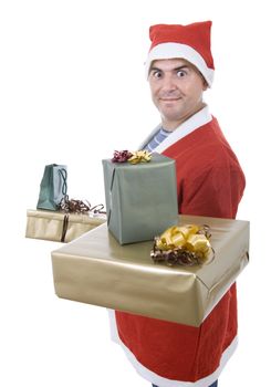 young man with santa hat holding some gifts, isolated