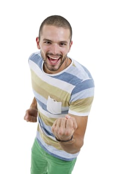 happy young man winning, isolated on white