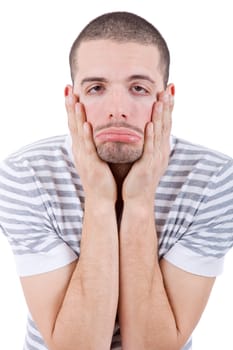 silly bored casual man portrait, isolated on white