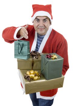 young man with santa hat holding some gifts, isolated