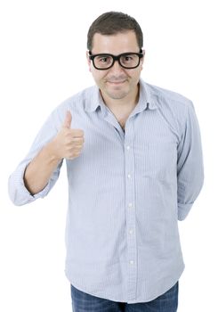 young casual man going thumb up, isolated on white