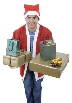 young man with santa hat holding some gifts, isolated