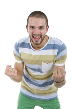 happy young man winning, isolated on white