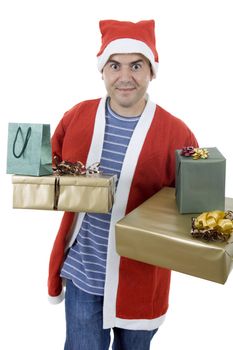 young man with santa hat holding some gifts, isolated