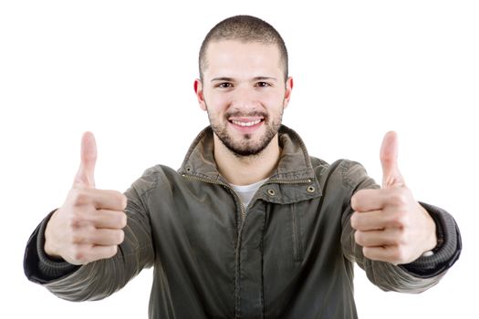 young casual man going thumb up, isolated on white