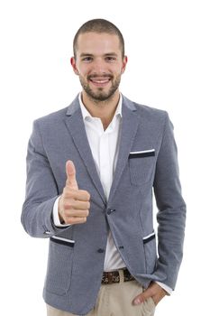 young casual man going thumb up, isolated on white