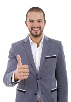 young casual man going thumb up, isolated on white