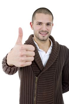 young casual man going thumb up, isolated on white