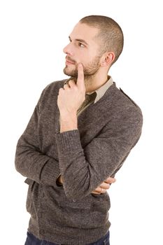 pensive young casual man portrait, isolated on white