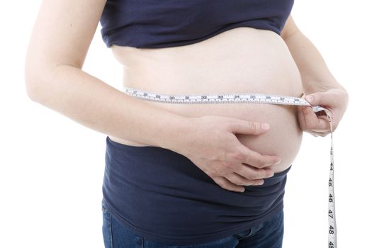 Closeup of pregnant woman at white background