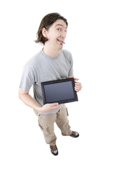 young casual man full body in a white background