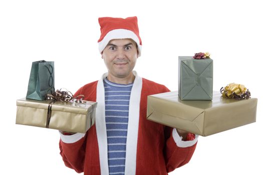 young man with santa hat holding some gifts, isolated