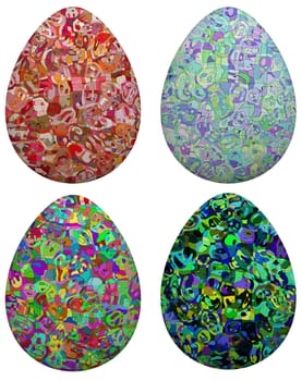 Four colorful, patterned egg shape designs on a white background.