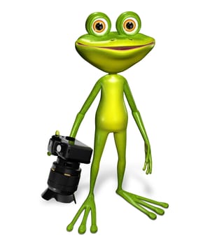 illustration a merry green frog with a camera