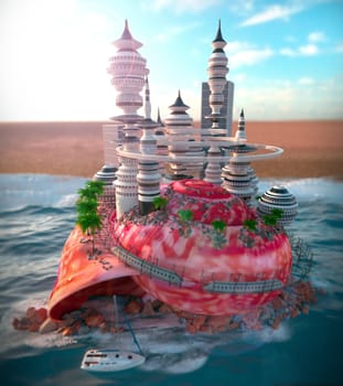 relaxing vacation concept background with seashell and ecologic futuristic city