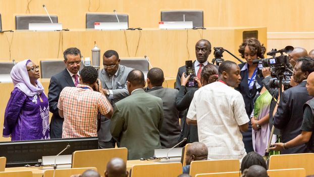 Addis Ababa, Ethiopia - April, 2014: Media gather to cover the lighting ceremony of the "flame of remembrance" which symbolizes memory, hope and preventing genocide, on 11 April, 2014, in Addis Ababa, Ethiopia