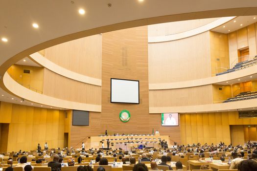 Addis Ababa, Ethiopia - April, 2014: Participants of the of the 20th Anniversary Commemoration of the Rwanda Genocide gather at the AU Nelson Mandela Hall, on 11 April, 2014, in Addis Ababa, Ethiopia