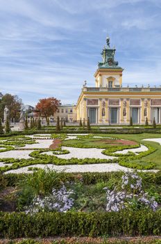 View of the Royal Palace and its gardens in Wilanow, Warsaw, Poland.