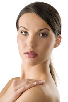 close up of a young and nice woman with black hair and natural makeup