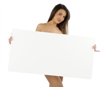 young naked woman cover body with a white advertising display