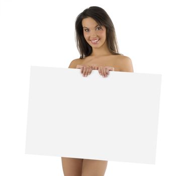 cute naked girl with white adv display in front of body smiling