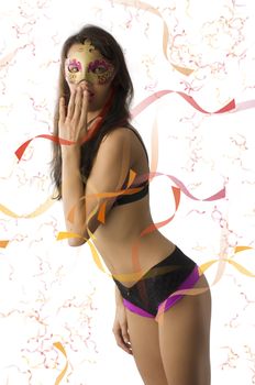 graceful young woman in bikini underwear and mask looking surprised