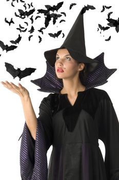 witch with black dress and hat having black bat all around