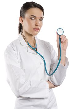 young brunette in medical doctor dress with stethoscope Isolated over white background