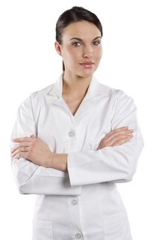 cute brunette woman in white gown as a medical doctor
