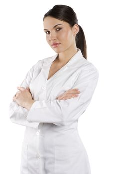 cute brunette woman in white medical gown as a doctor looking in camera