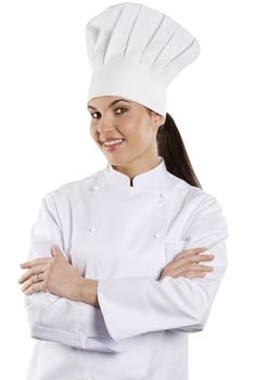 young graceful woman dressed as a cook with cap over white backgound