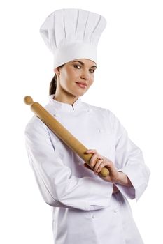 young graceful woman dressed as a cook with cap over white backgound