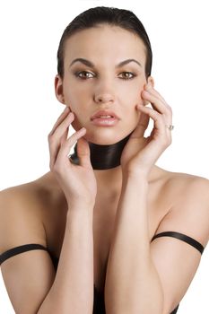 portrait of a young model brunette taking pose with her long black hair around her neck