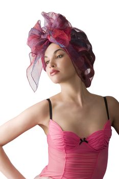 beautiful woman in pink lingerie with a colored headscarf looking like a brasilian girl