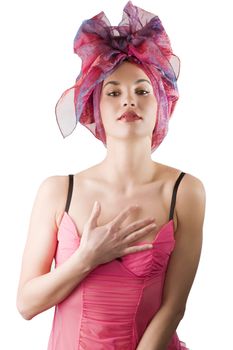 beautiful woman in pink lingerie with a colored headscarf looking like a brasilian girl