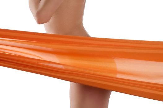 close up on a naked woman body behind a transparent orange colored material beauty wellness concept