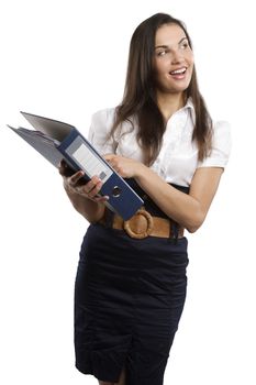 young brunette in formal dress as a office worker with a dark folder