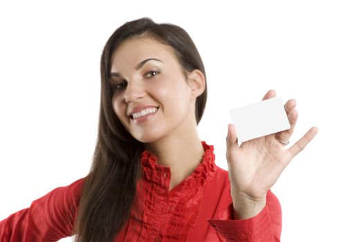 very cute happy woman in red shirt with business card over white