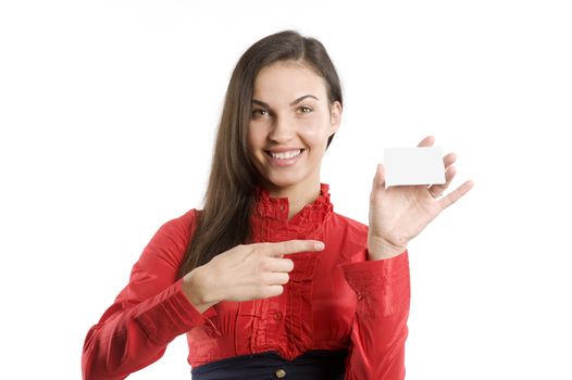 very cute happy woman in red shirt with business card over white