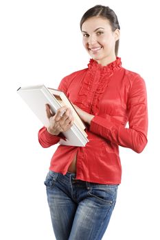 young and very cute brunette student with some books over white