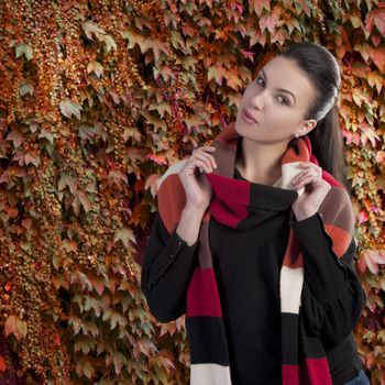 Autumn shot of a young pretty lady wearing a dark sweater and a fall color long scarf
